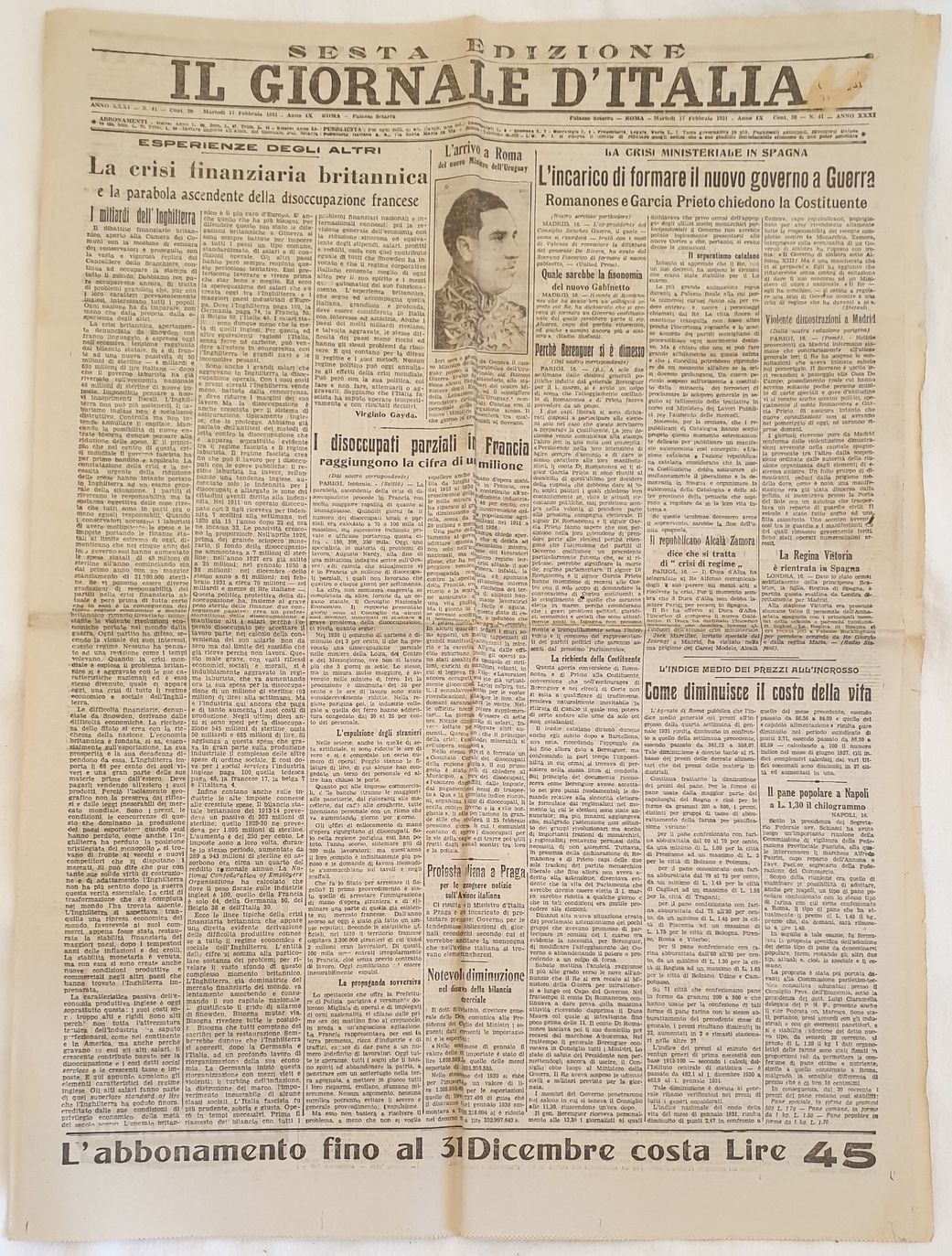 IL GIORNALE D'ITALIA ROMA MARTEDI 17 FEBBRAIO 1931