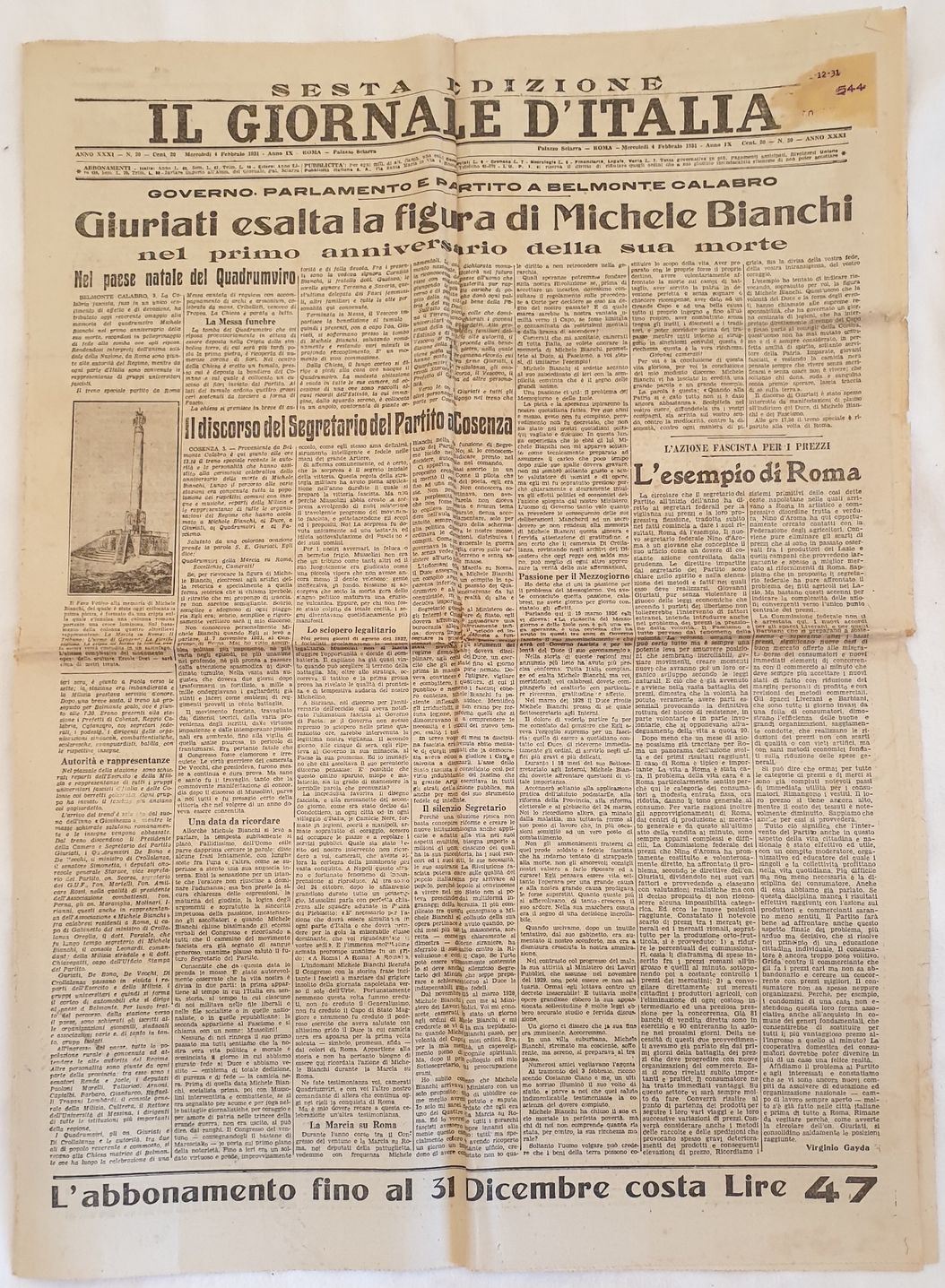 IL GIORNALE D'ITALIA ROMA MERCOLEDI 4 FEBBRAIO 1931