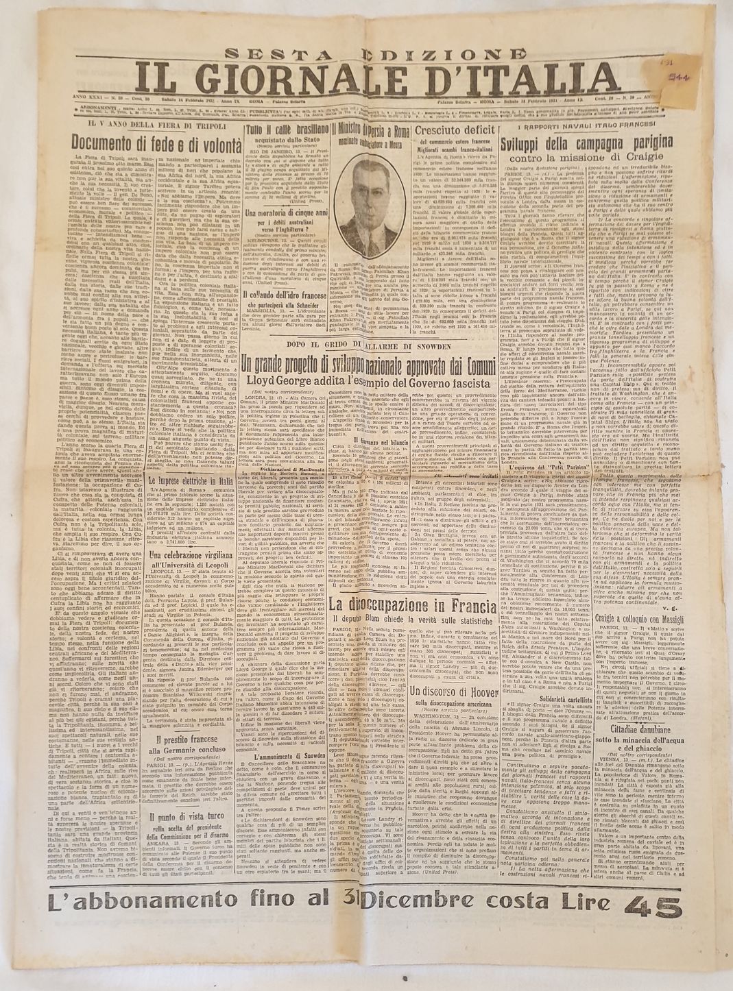 IL GIORNALE D'ITALIA ROMA SABATO 14 FEBBRAIO 1931