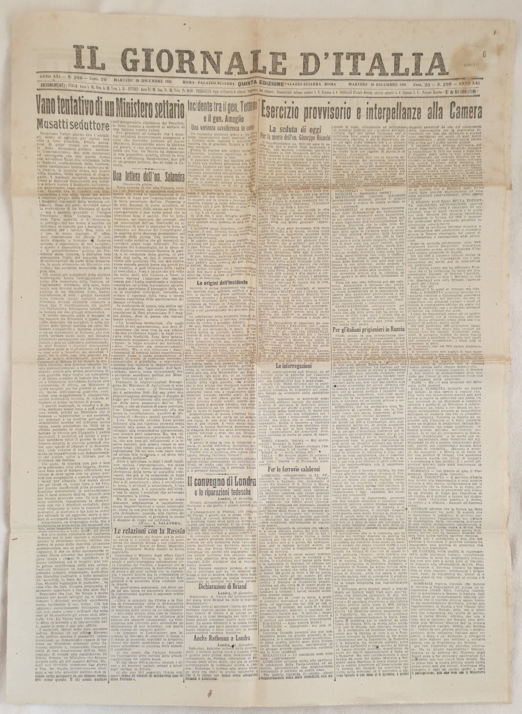 IL GIORNALE D'ITALIA ROMA VENERDI 20 DICEMBRE 1921