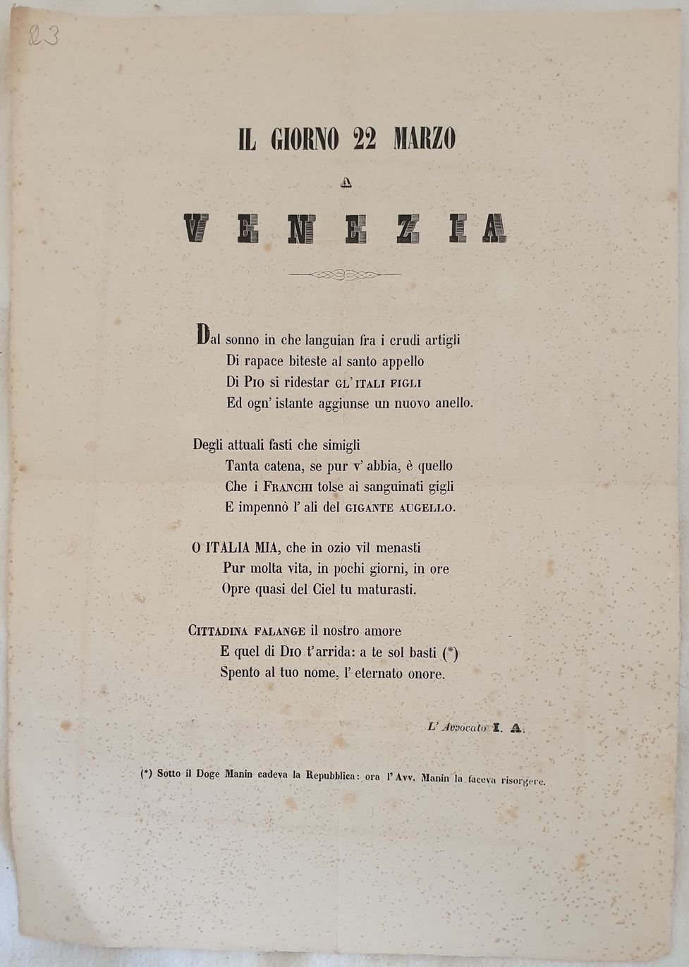 IL GIORNO 22 MARZO A VENEZIA L'AVVOCATO I. A.