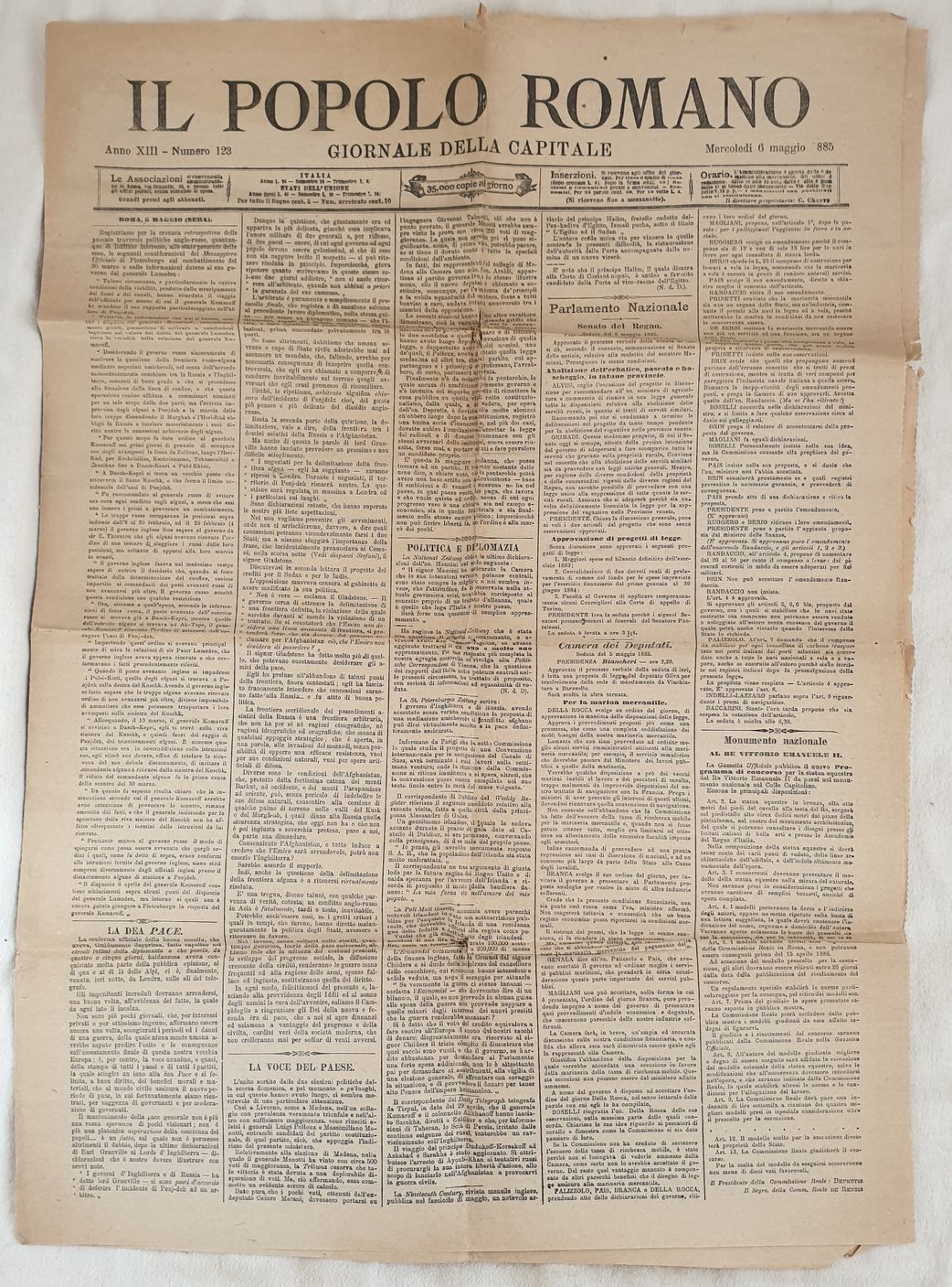 IL POPOLO ROMANO GIORNALE DELLA CAPITALE ROMA, 6 MAGGIO 1885