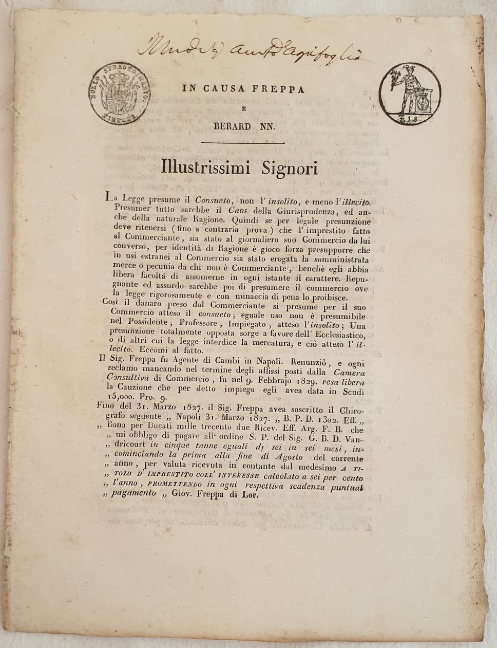 IN CAUSA FREPPA E BERARD NN. ILLUSTRISSIMI SIGNORI 1832