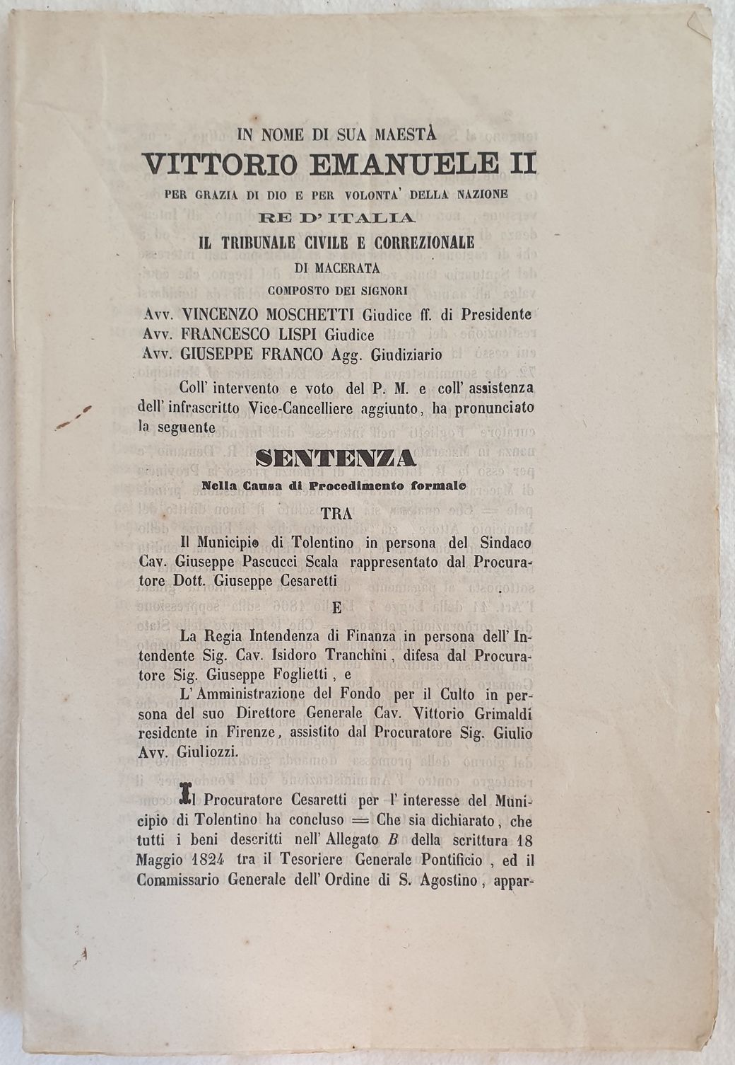 IN NOME DI SUA MAESTA VITTORIO EMANUELE II RE D'ITALIA …