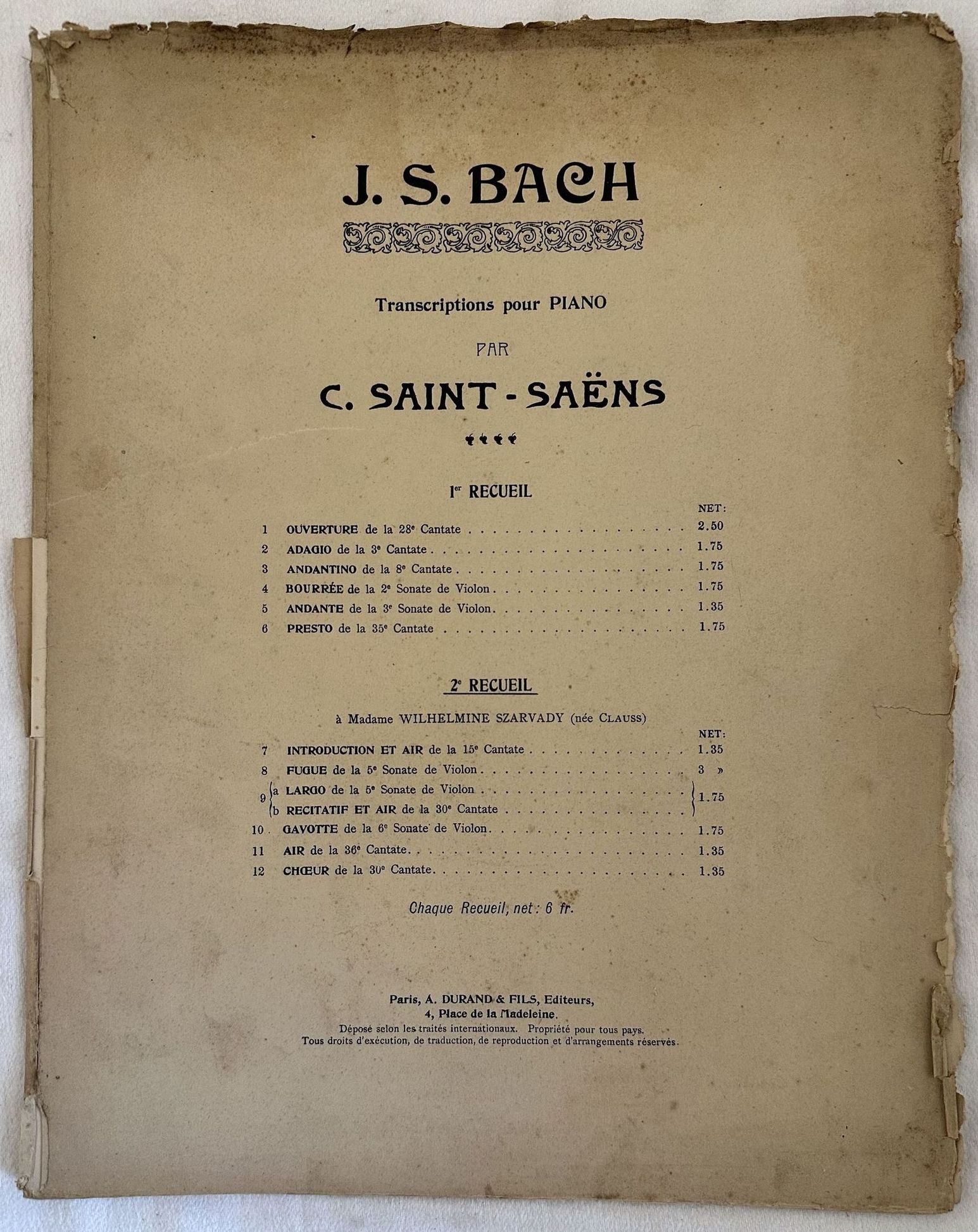 J. S. BACH TRANSCRIPTIONS POUR PIANO PAR C. SAINT-SAENS