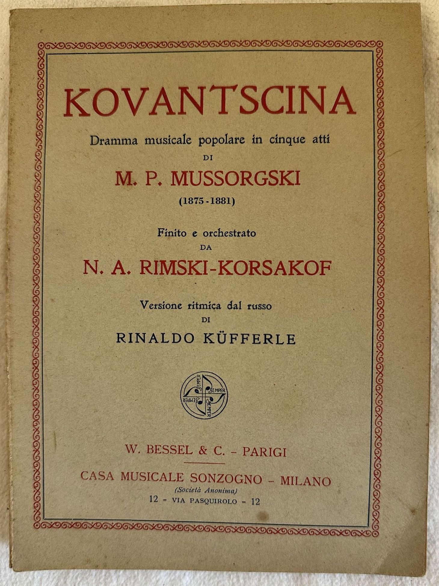 KOVANTSCINA DRAMMA MUSICALE POPOLARE IN CINQUE ATTI