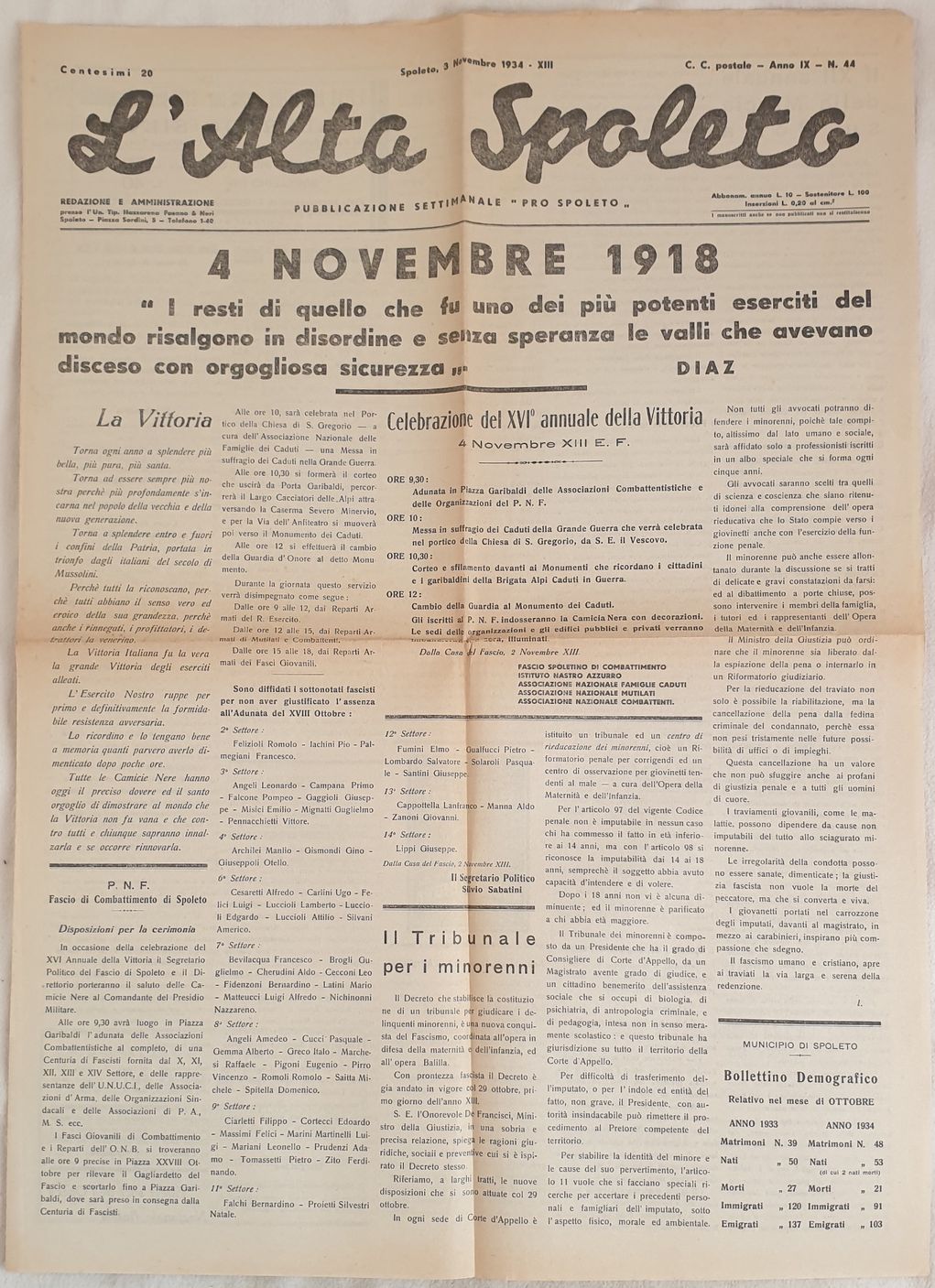 L'ALTA SPOLETO SPOLETO 3 NOVEMBRE 1934 PUBBLICAZIONE SETTIMANALE PRO SPOLETO