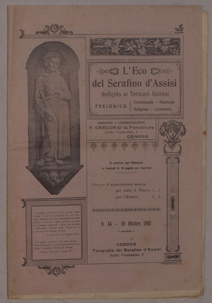 L'ECO DEL SERAFINO D'ASSISI ANNO 8 GENOVA 29 OTTOBRE 1905 …