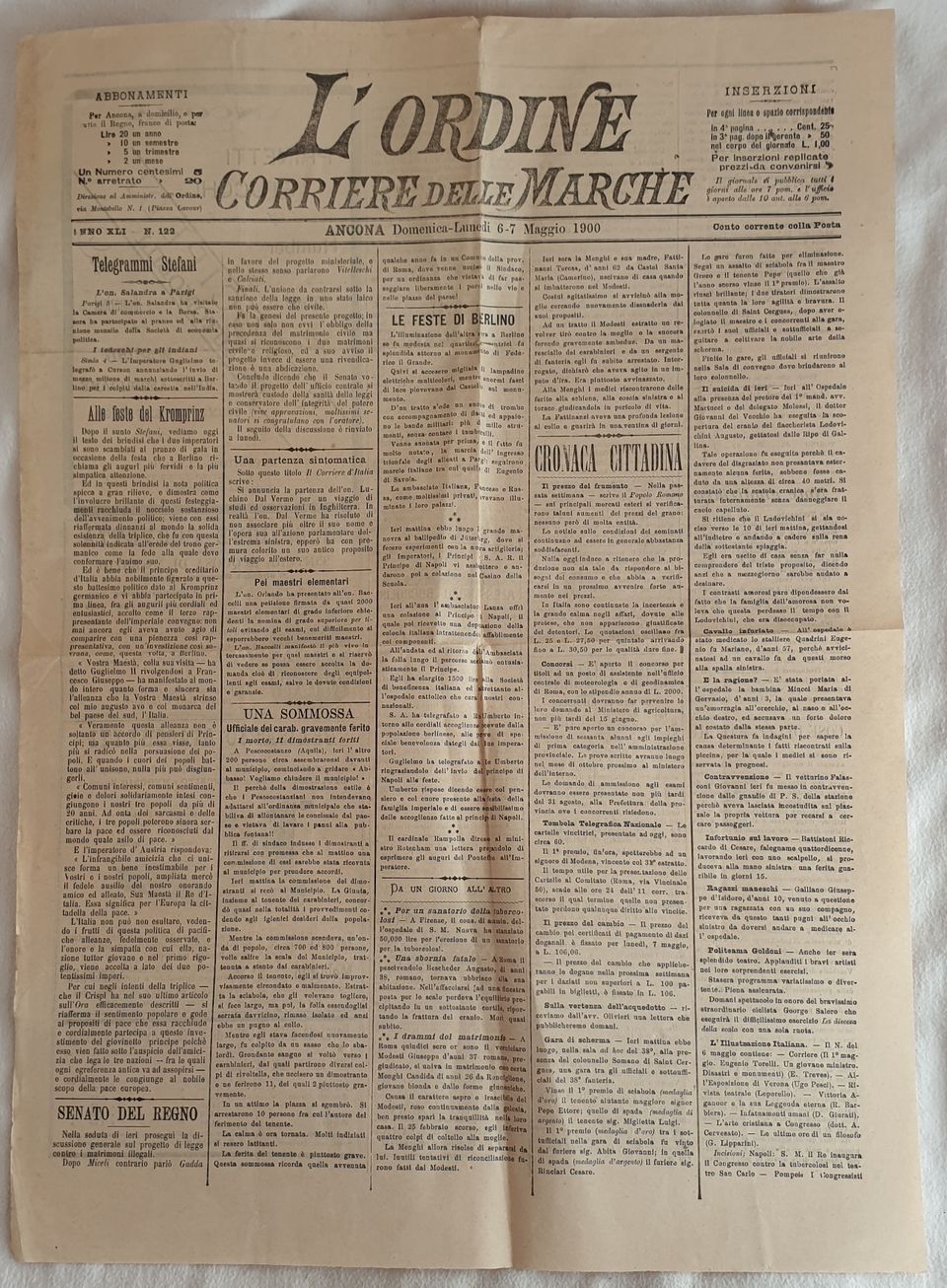 L'ORDINE CORRIERE DELLE MARCHE ANNO XLI N. 122 ANCONA DOMENICA …