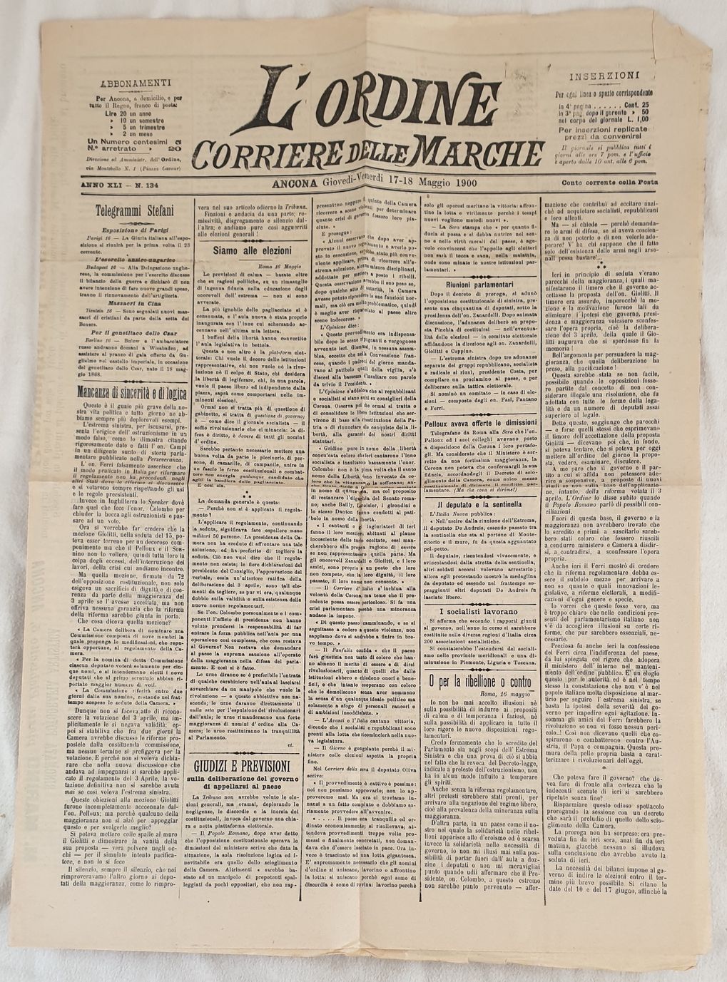 L'ORDINE CORRIERE DELLE MARCHE ANNO XLI N. 134 ANCONA GIOVEDI …