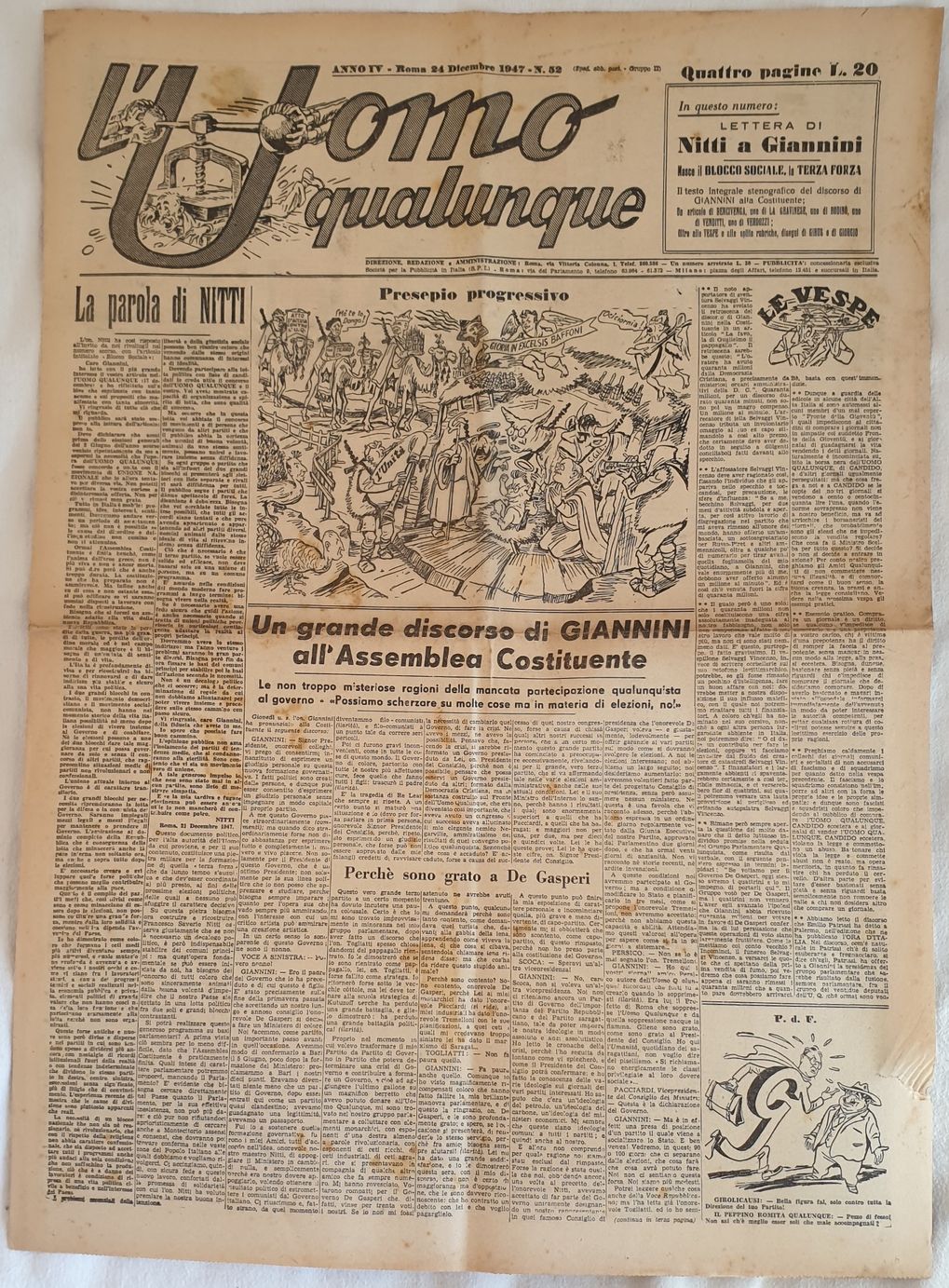 L'UOMO QUALUNQUE ANNO IV ROMA 24 DICEMBRE 1947 - N. …