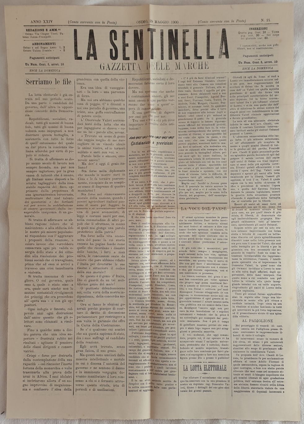 LA SENTINELLA GAZZETTA DELLE MARCHE ANNO XXIV OSIMO 29 MAGGIO …