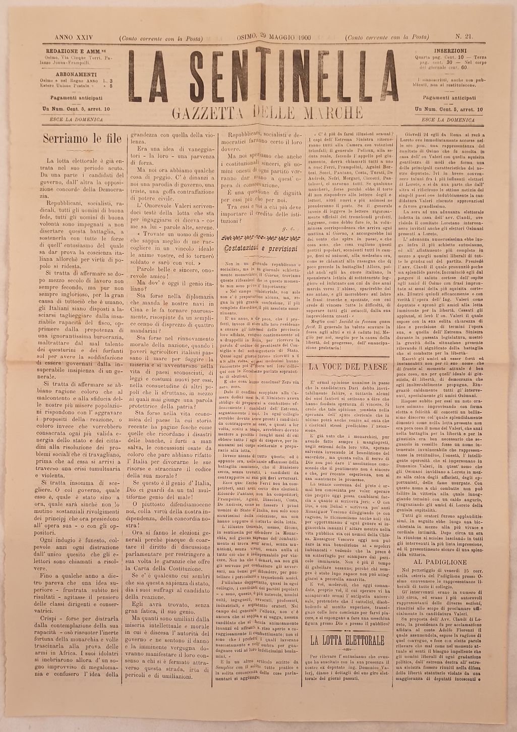 LA SENTINELLA GAZZETTA DELLE MARCHE ANNO XXIV OSIMO 29 MAGGIO …