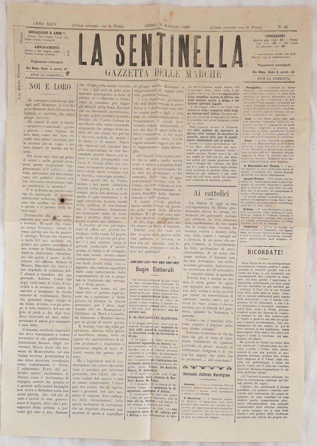 LA SENTINELLA GAZZETTA DELLE MARCHE ANNO XXIV OSIMO 30 MAGGIO …