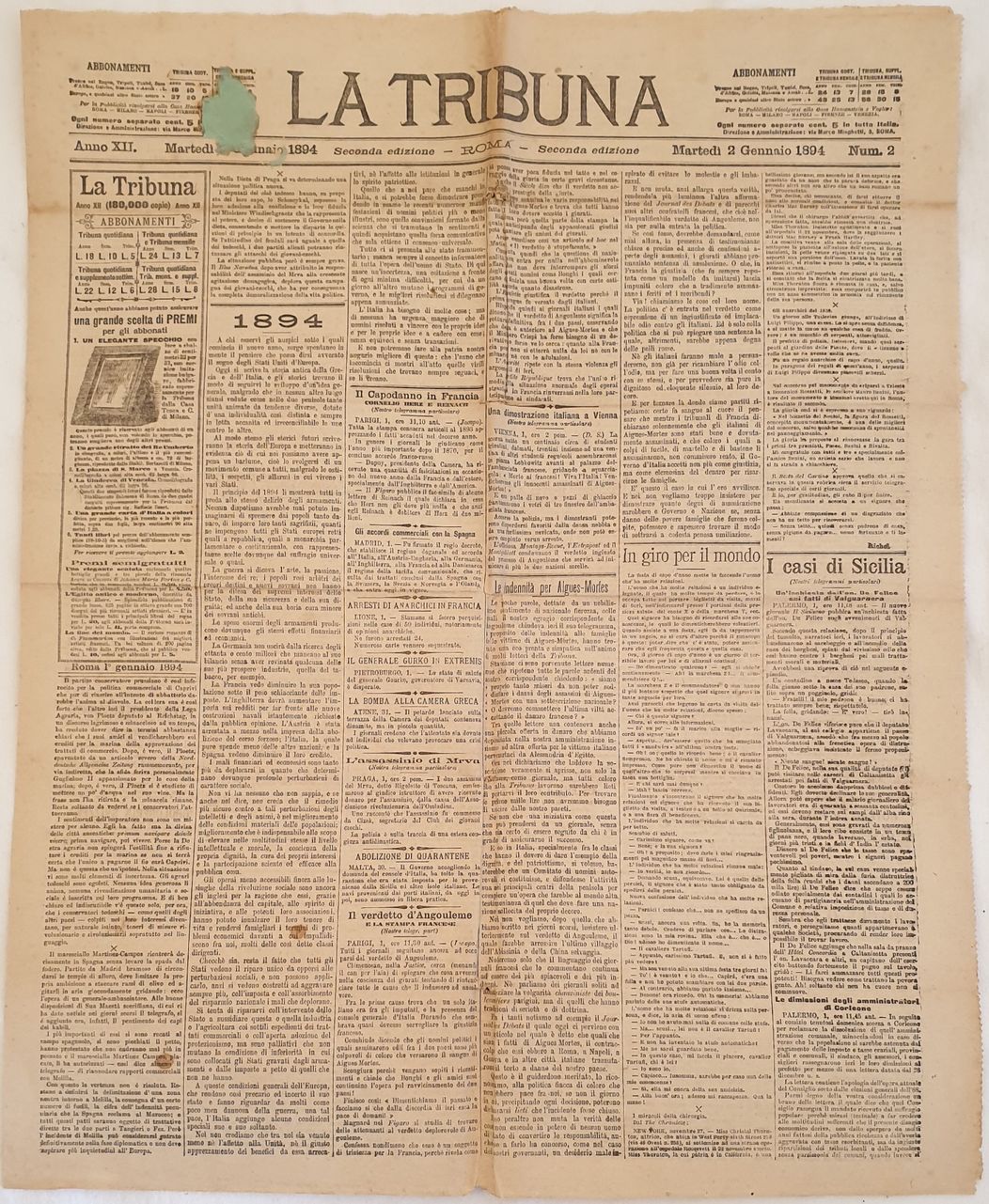 LA TRIBUNA MARTEDI 2 GENNAIO 1894