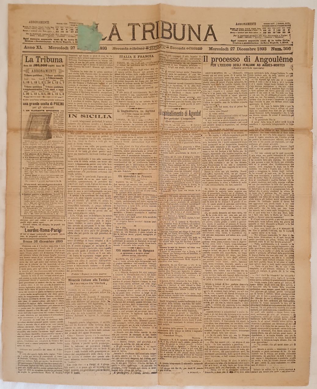 LA TRIBUNA ROMA, MERCOLEDI 27 DICEMBRE 1893 NUM. 356 SECONDA …