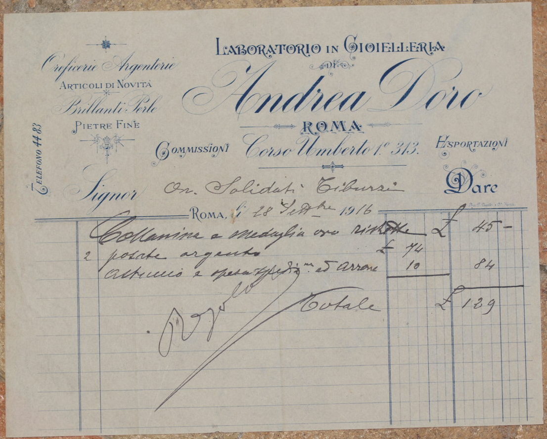LABORATORIO IN GIOIELLERIA ANDREA DORO ROMA LI 28 SETTEMBRE 1916