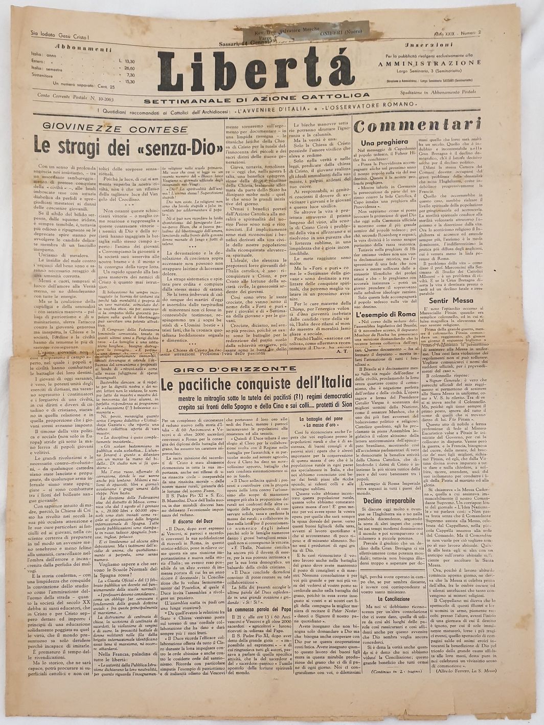 LIBERTA SETTIMANALE DI AZIONE CATTOLICA SASSARI 14 GENNAIO 1938