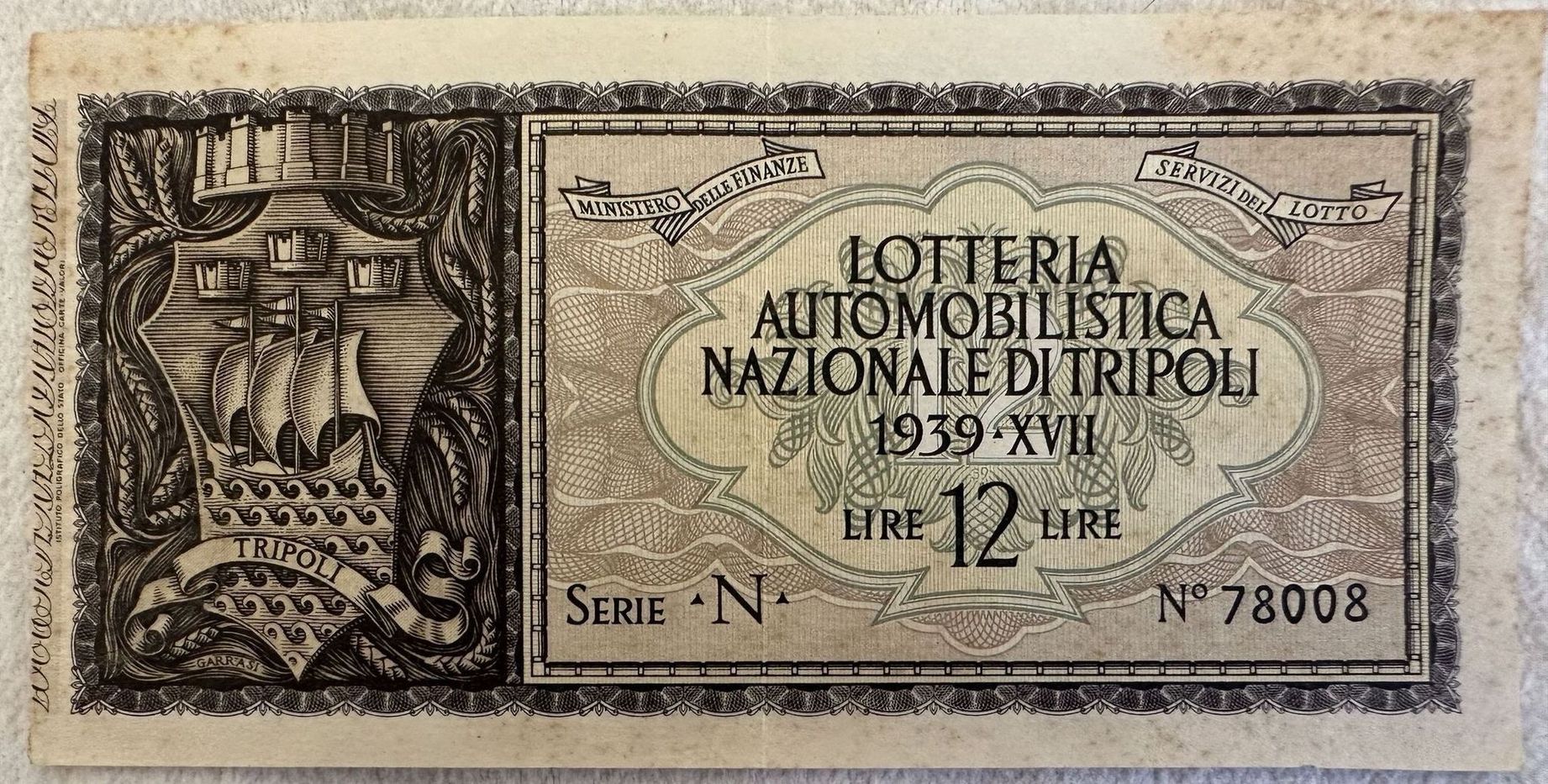 LOTTERIA AUTOMOBILISTICA NAZIONALE DI TRIPOLI 1939 - XVII