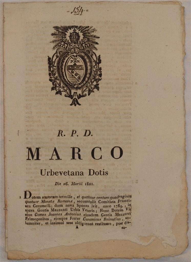 MARCO URBEVETANA DOTIS DIE 26 MARTII 1821