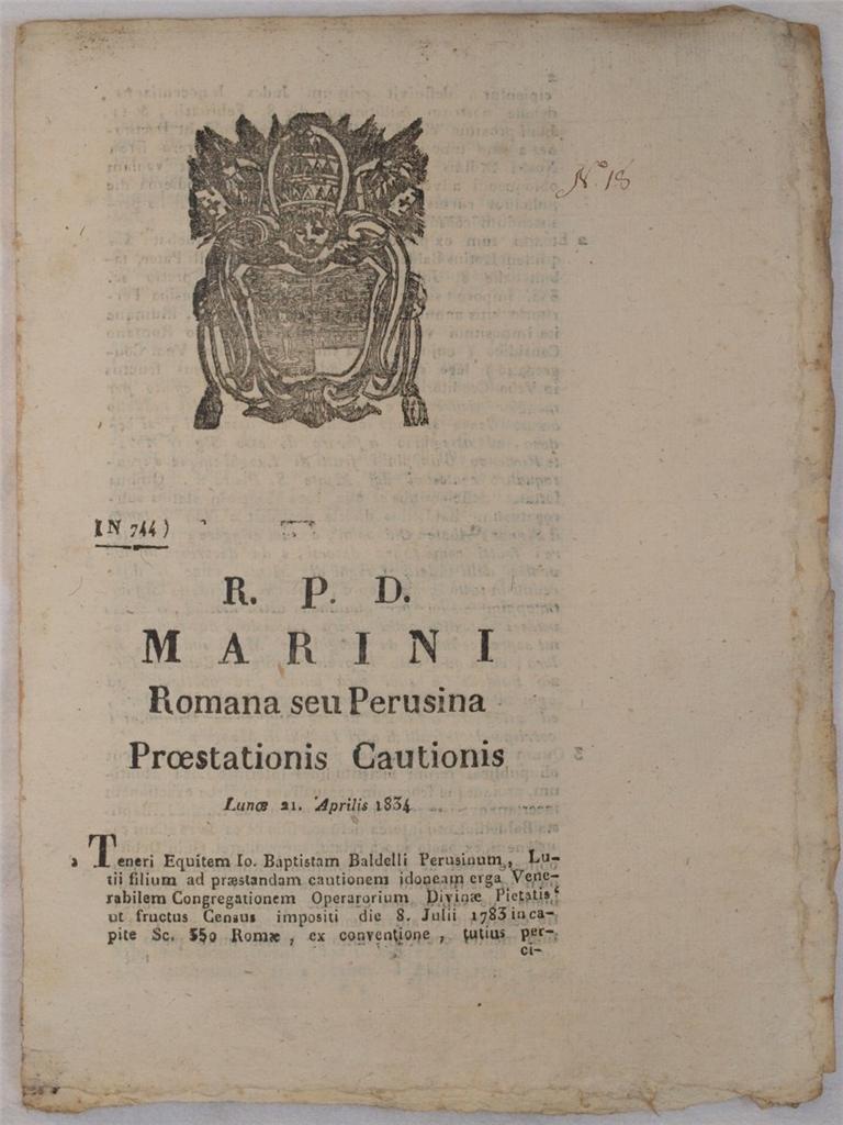 MARINI ROMANA SEU PERUSINA PROESTATIONIS CAUTIONIS LUNOE 21 APRILIS 1834