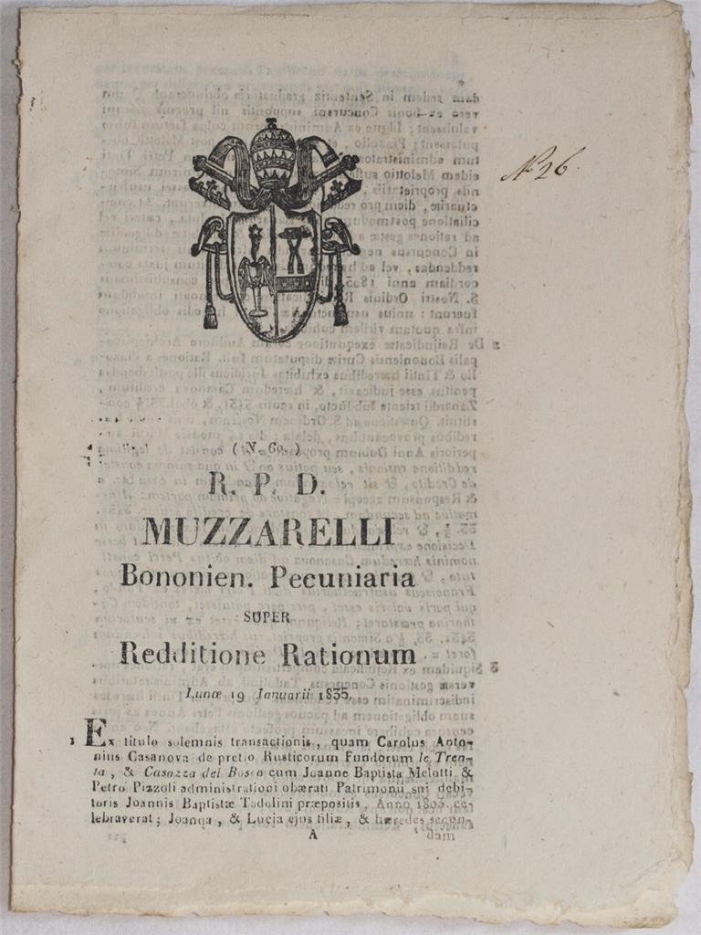 MUZZARELLI BONONIEN PECUNIARIA SUPER REDDITIONE RATIONUM LUNOE 19 JANUARII 1835