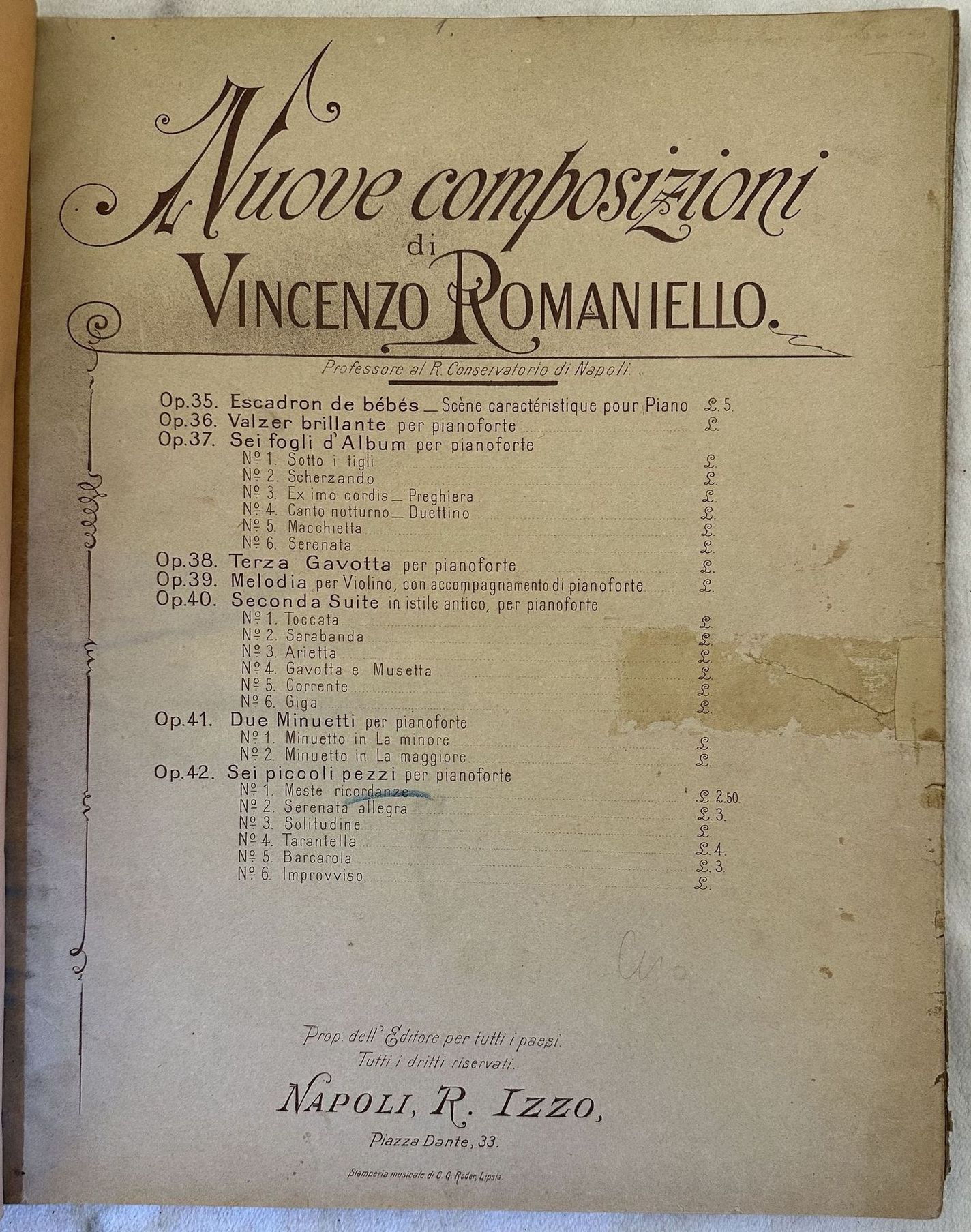 NUOVE COMPOSIZIONI DI VINCENZO ROMANIELLO SEI PICCOLI PEZZI EPR PIANOFORTE …