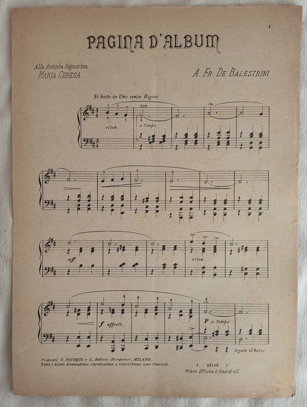 PAGINA D'ALBUM ALLA DISTINTA SIGNORINA MARIA CERESA
