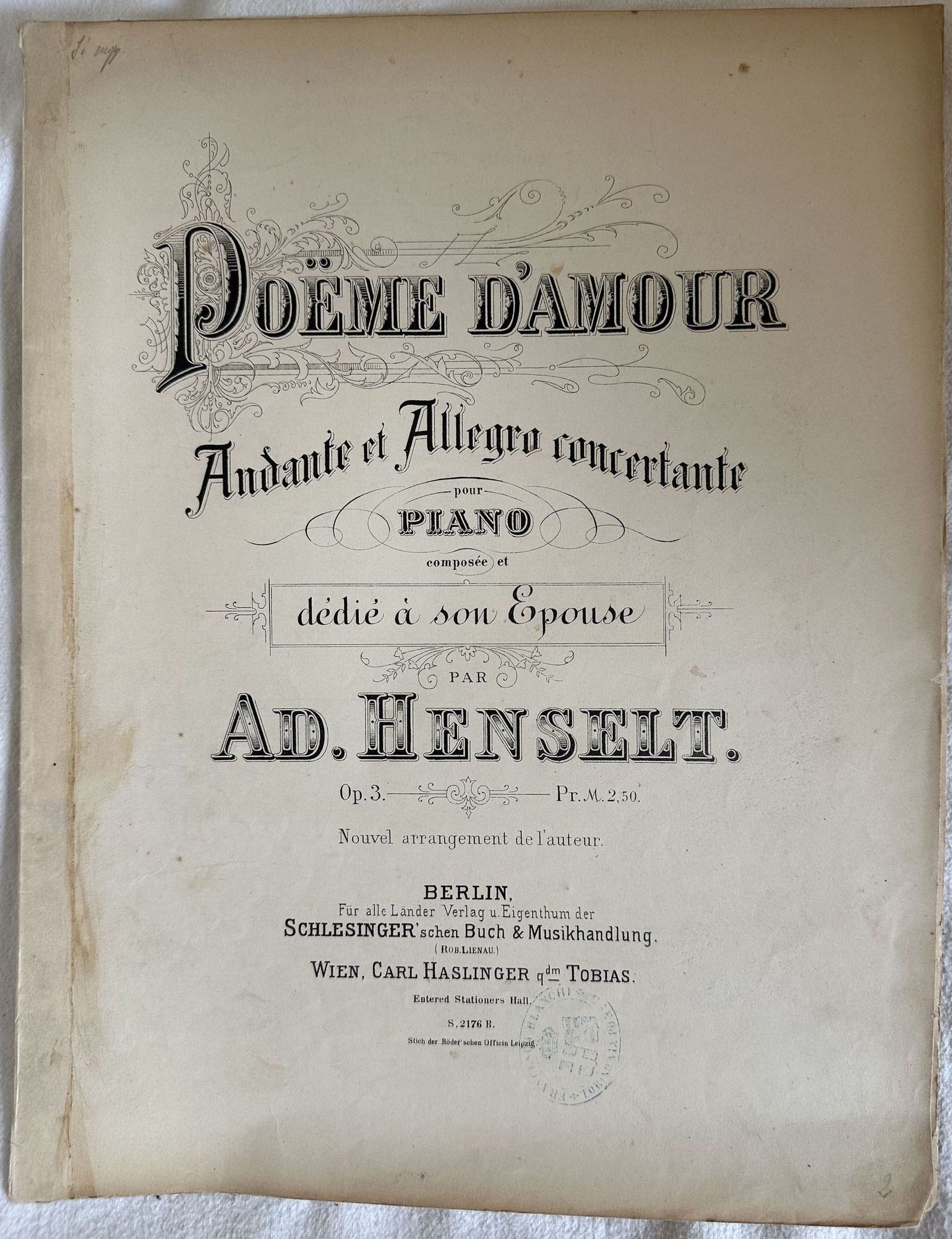 POEME D'AMOUR ANDANTE ET ALLEGRO CONCERTANTE POUR PIANO COMPOSEE ET …