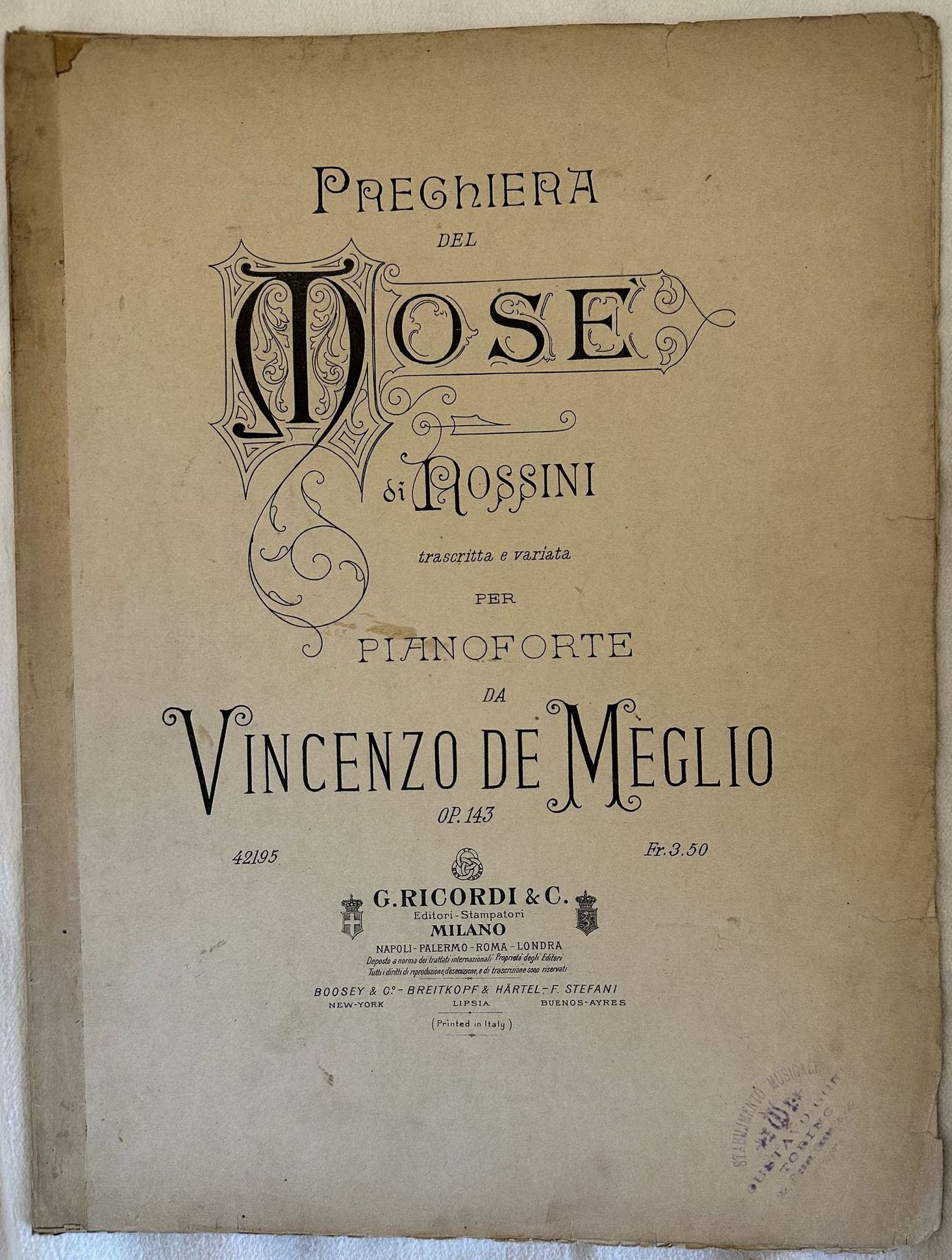 PREGHIERA DEL MOSE' DI ROSSINI TRASCRITTA E VARIATA PER PIANOFORTE …