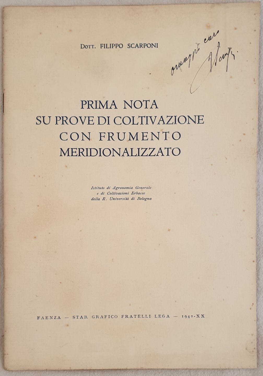 PRIMA NOTA SU PROVE DI COLTIVAZIONE CON FRUMENTO MERIDIONALIZZATO