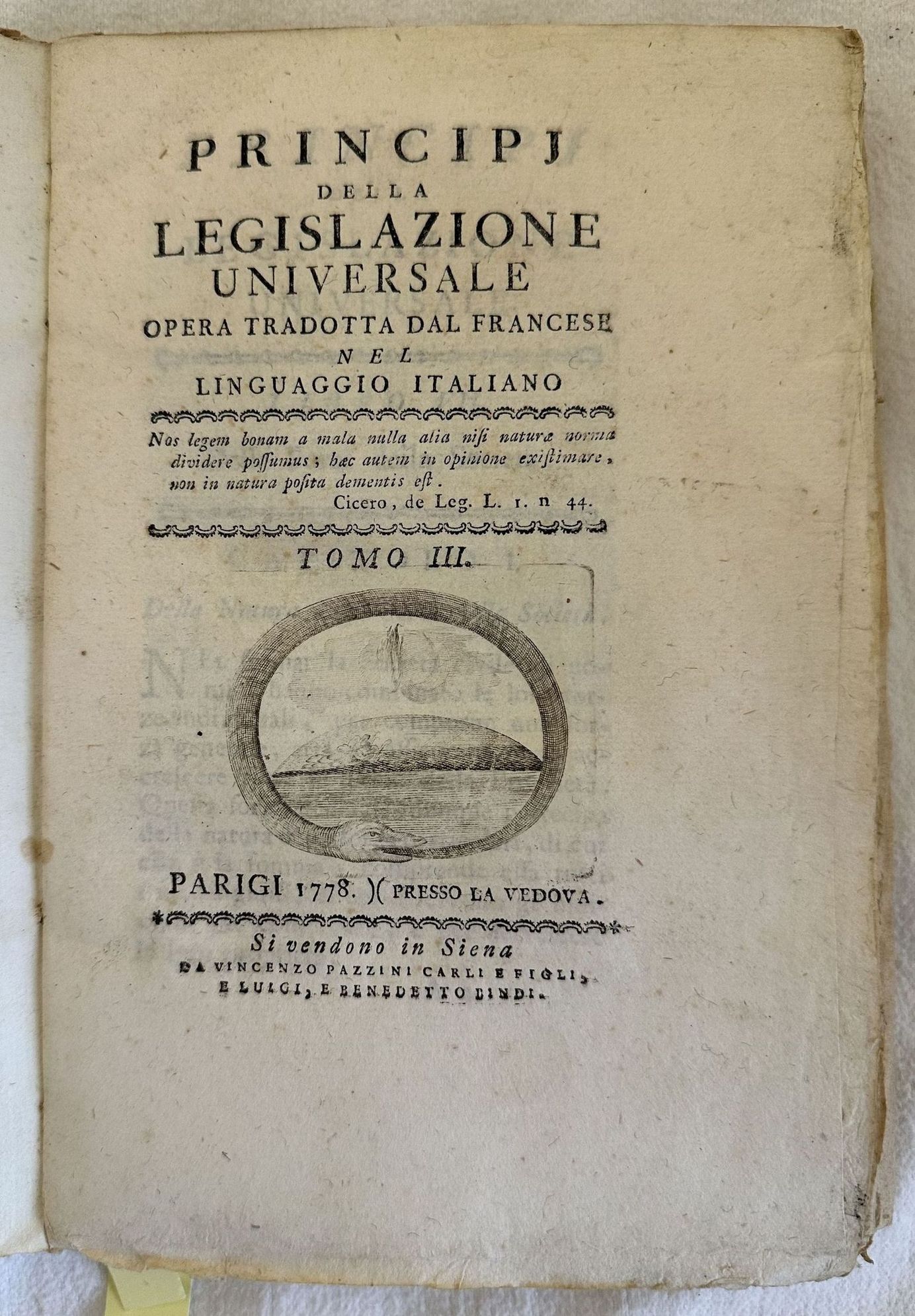 PRINCIPI DELLA LEGISLAZIONE UNIVERSALE OPERA TRADOTTA DAL FRANCESE NEL LINGUAGGIO …