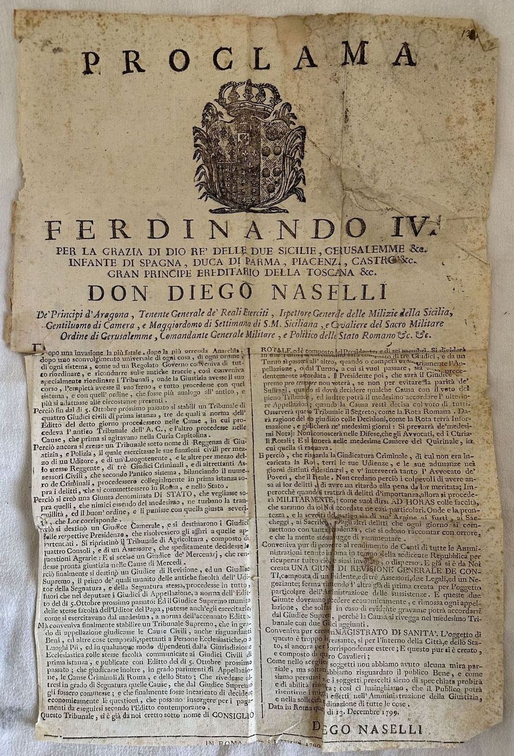 PROCLAMA FERDINANDO IV PER LA GRAZIA DI DIO RE DELLE …