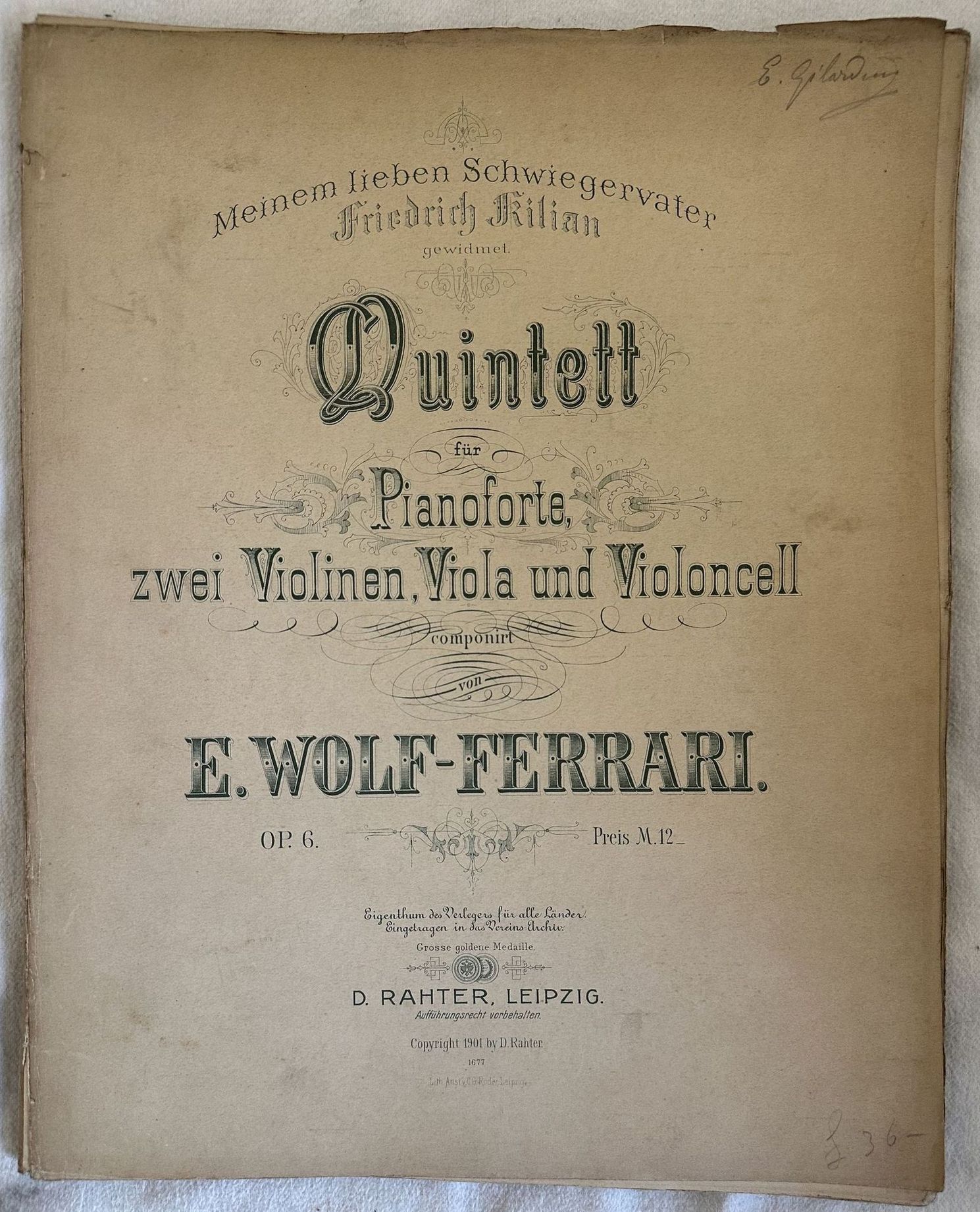 QUINTETT FUR PIANOFORTE ZWEI VIOLINEN, VIOLA UND VIOLONCELL COMPONIRT VON …