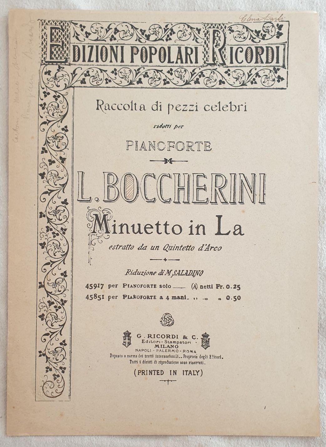 RACCOLTA DI PEZZI CELEBRI RIDOTTI PER PIANOFORTE L. BOCCHERINI MINUETTO …