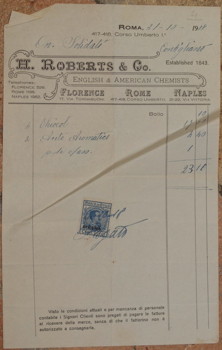 ROMA 31 OTTOBRE 1918 H. ROBERTS & CO.