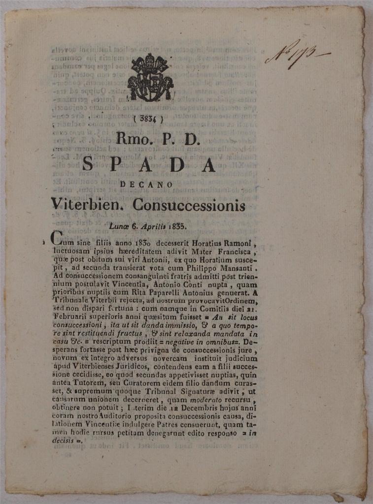 SPADA DECANO VITERBIEN CONSUCCESSIONIS LUNOE 6 APRILIS 1835