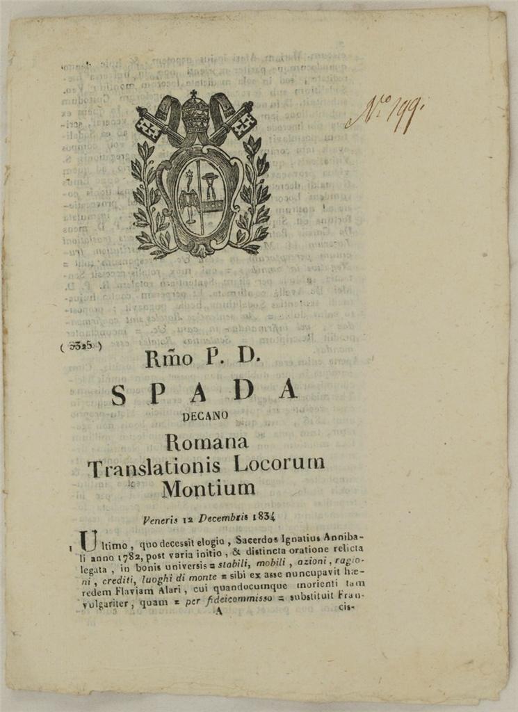 SPADA ROMANA TRANSLATIONIS LOCORUM MONTIUM VENERIS 12 DECEMBRIS 1834