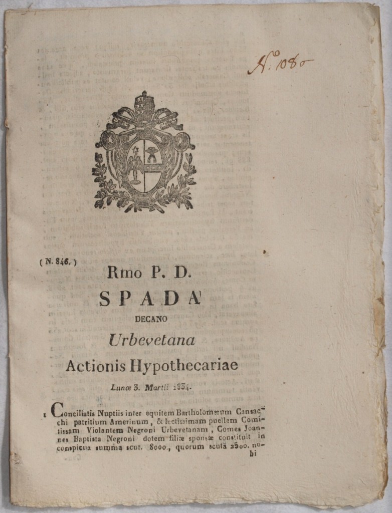 SPADA URBEVETANA ACTIONIS HYPOTHECARIAE LUNOE 3 MARTII 1834