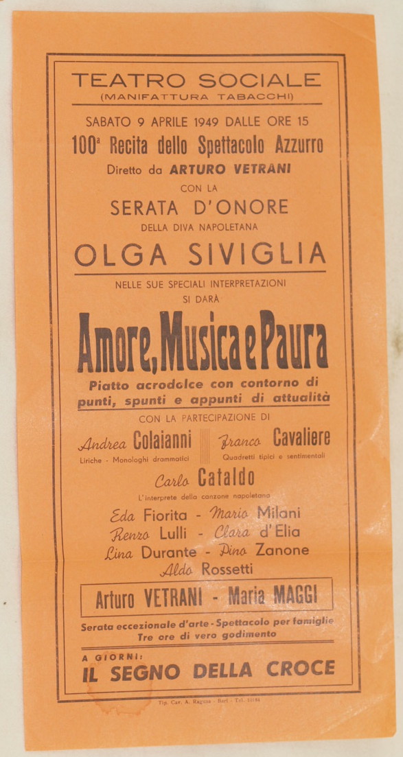 TEATRO SOCIALE MANIFATTURA TABACCHI SABATO 9 APRILE 1949 DALLE ORE …