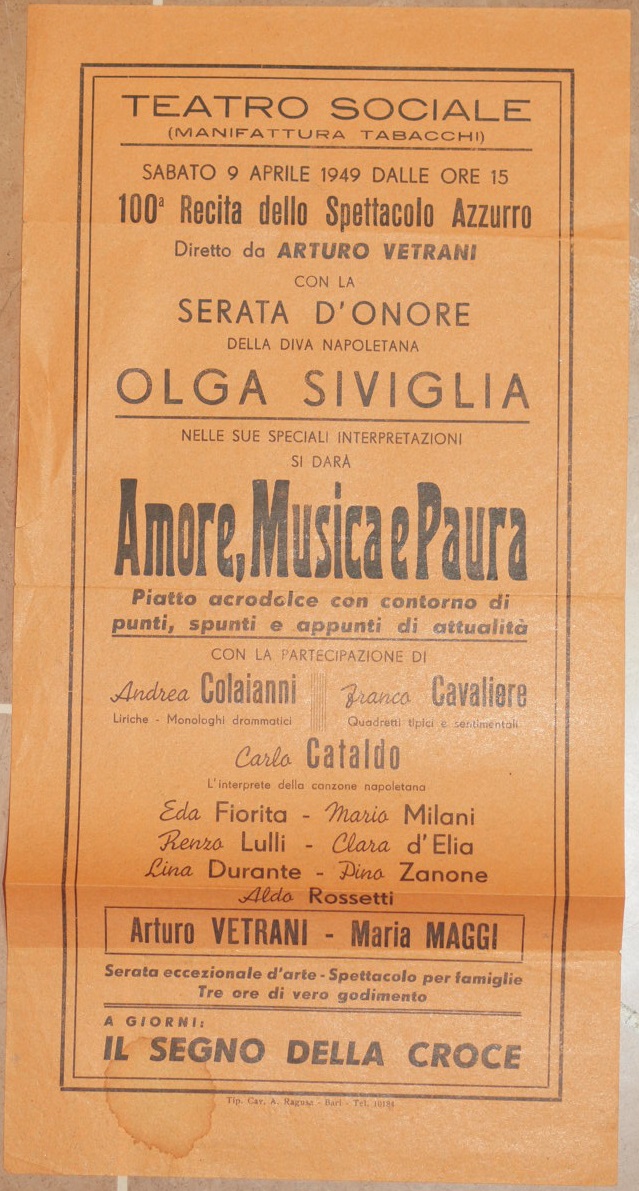 TEATRO SOCIALE (MANIFATTURA TABACCHI) SABATO 9 APRILE 1949 DALLE ORE …
