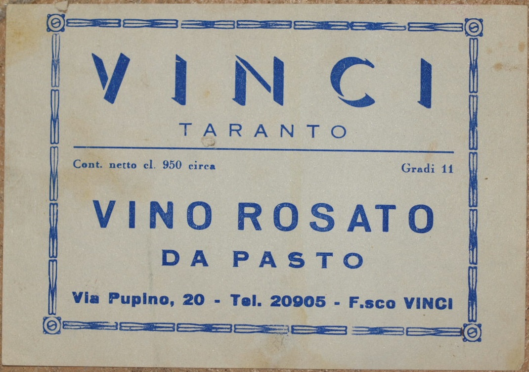 VINCI TARANTO VINO ROSATO DA PASTO VIA PUPINO 20 F.SCO …