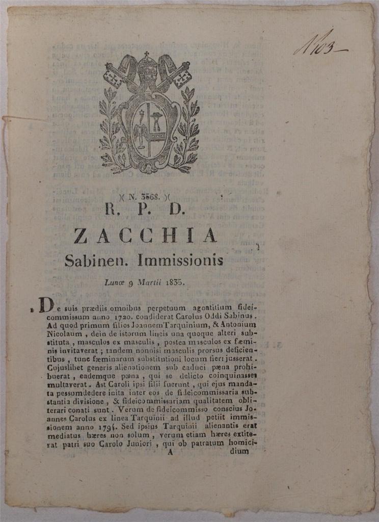 ZACCHIA SABINEN IMMISSIONIS LUNOE 9 MARTII 1835