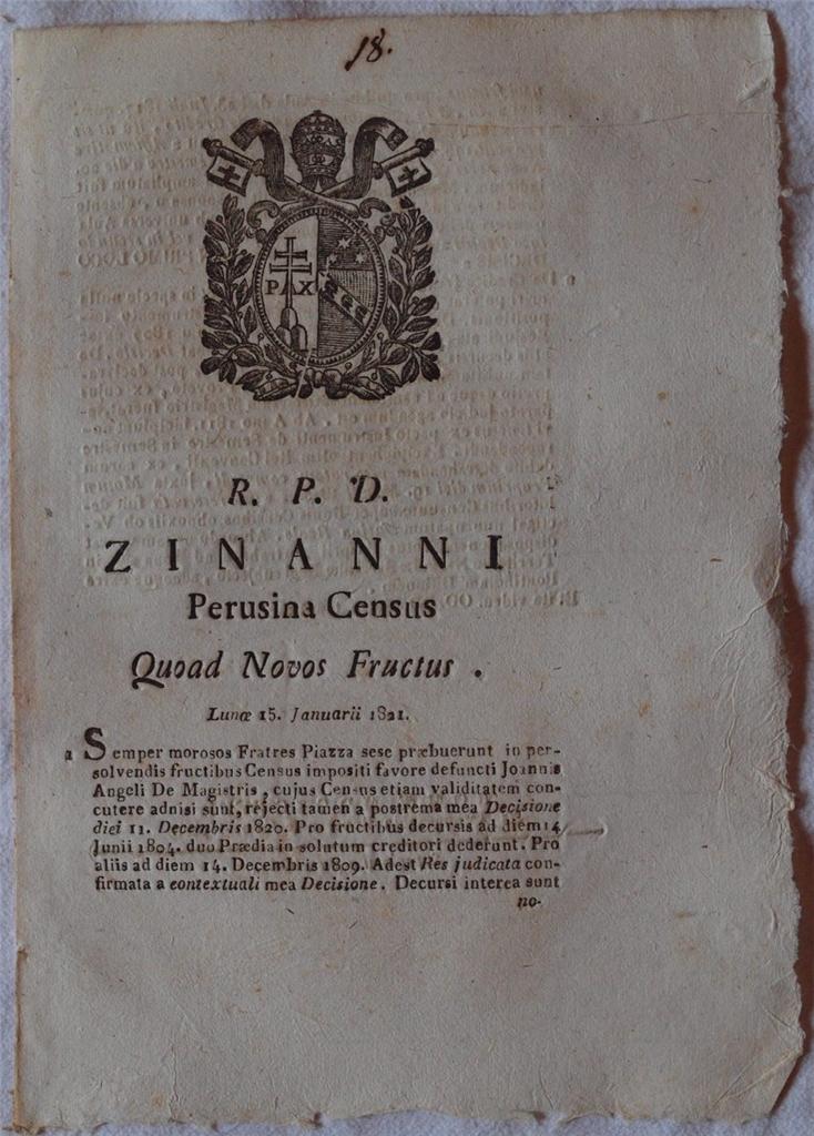 ZINANNI PERUSINA CENSUS QUOAD NOVOS FRUCTUS LUNOE 15 JANUARII 1821