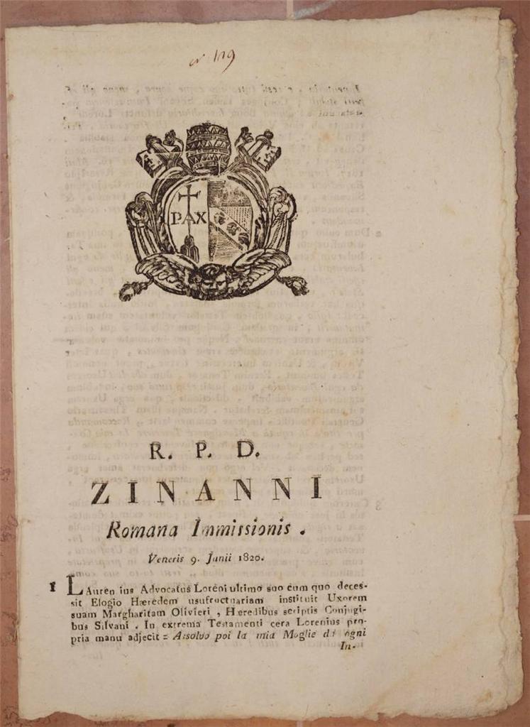 ZINANNI ROMANA IMMISSIONIS VENERIS 9 JUNII 1820