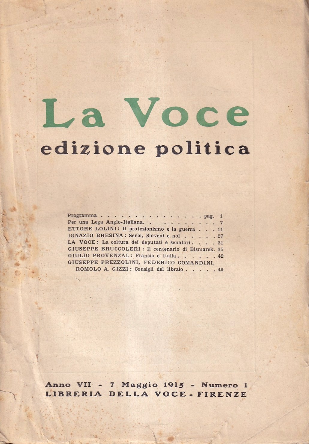 La Voce. Edizione politica - anno VII, n. 1, 7 …