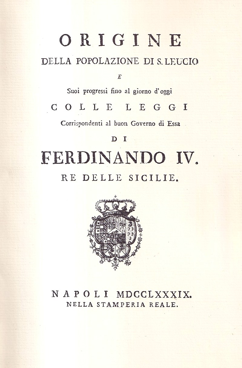 Origine della Popolazione di S. Leucio e suoi progressi fino …