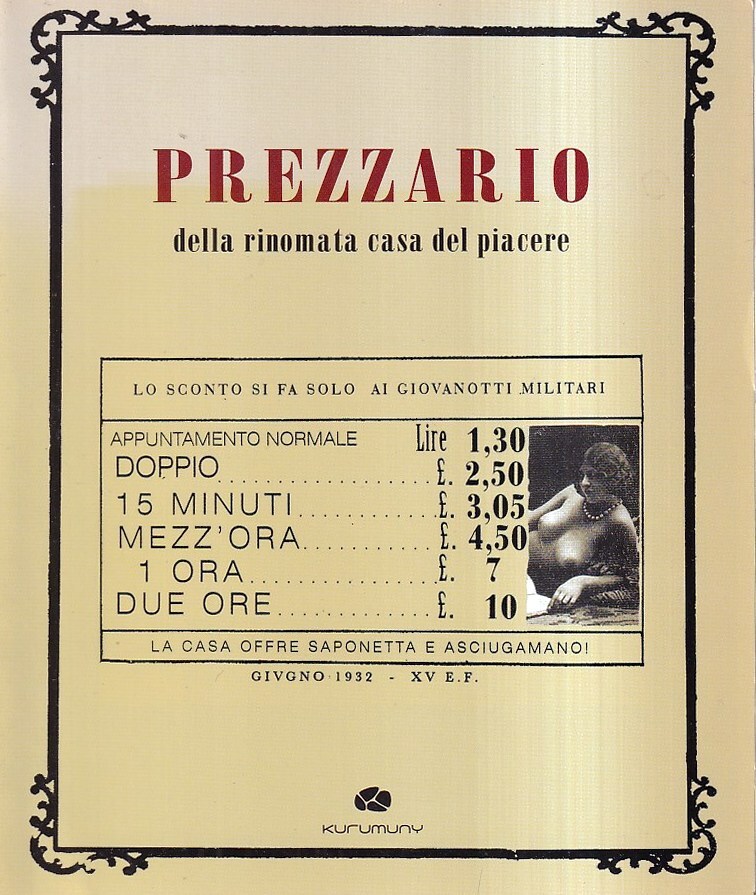 Prezzario della rinomata casa del piacere