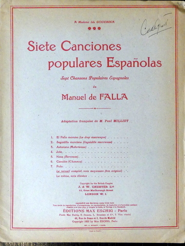 Siete canciones populares Españolas. Adaption française de M. Paul Milliet. …