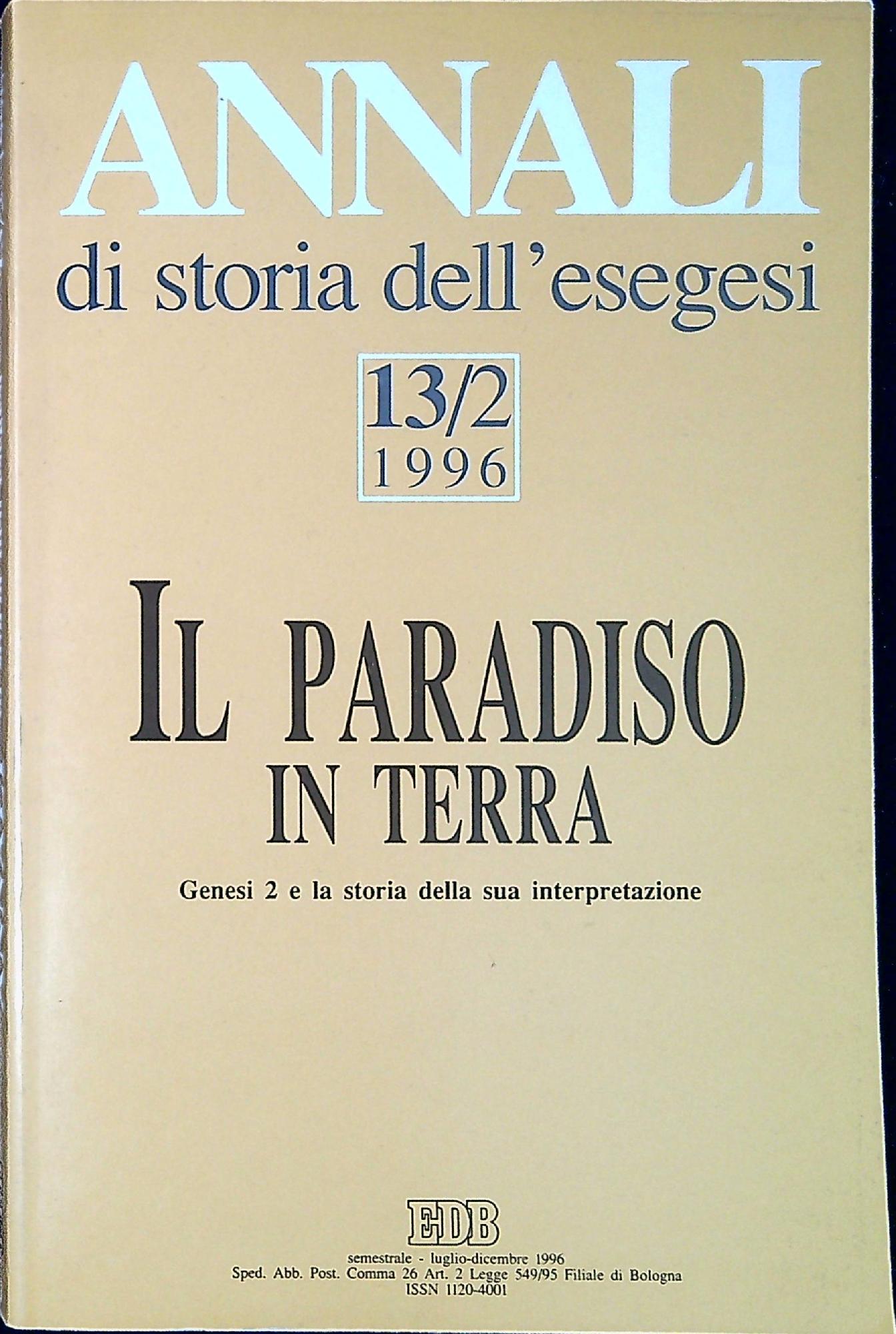 Annali di storia dell'esegesi 13/2 Il paradiso in terra